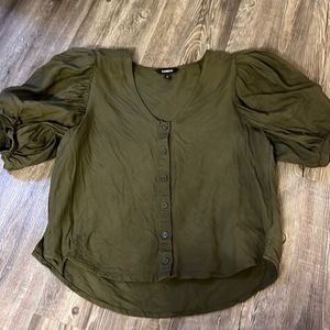 Express Linen Puff Sleeve Blouse Army Green